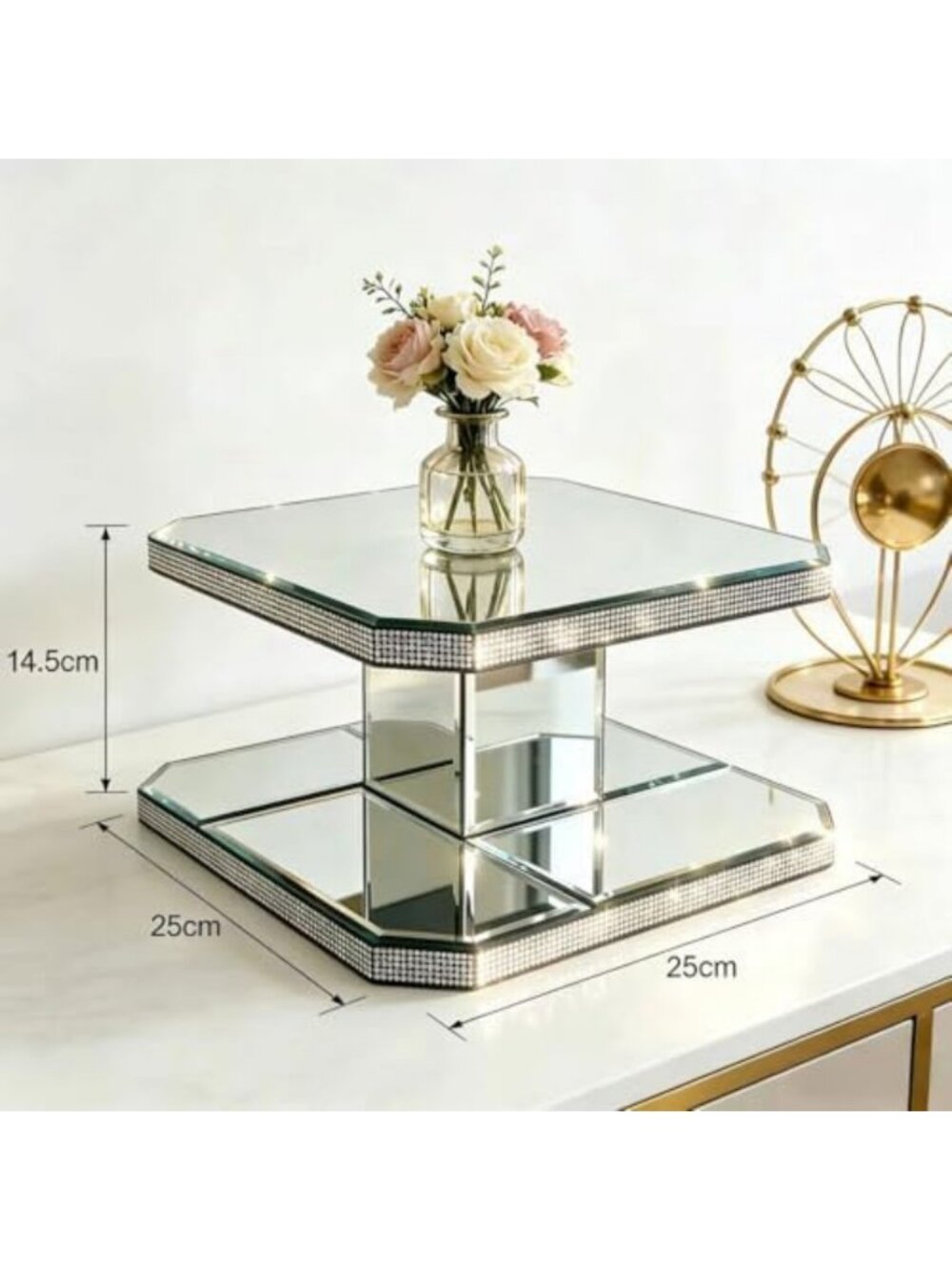 Two-Tier Mirrored Display Riser with Rhinestone Trim - Decorative Glass Stand - Picture 3 of 7
